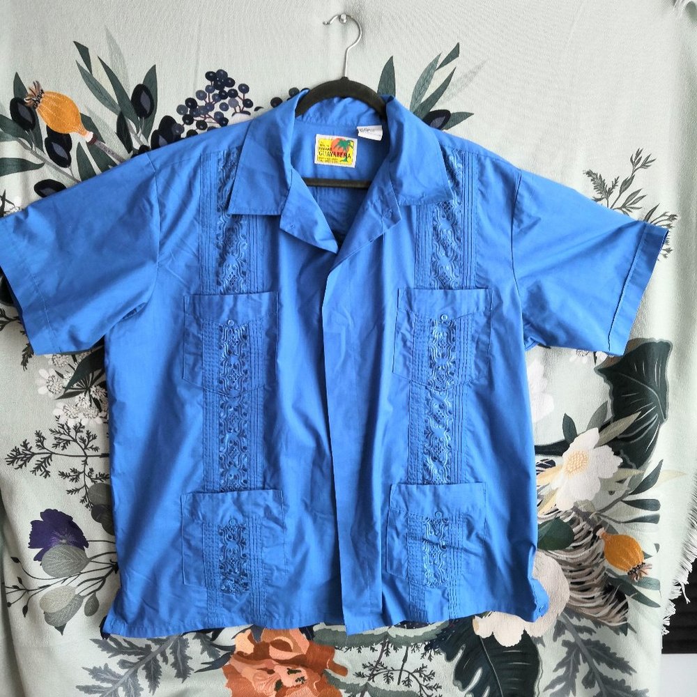Haband Guayabera Shirt Mens Button Up Short Sleeve Blue Hawaiian Pockets Sz 2XL